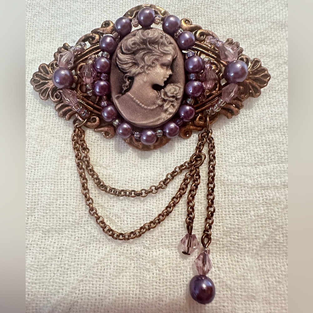 Victorian 70’s lilac Cameo Brooch Antique Rosegold iridescent Beads Dangle Chain